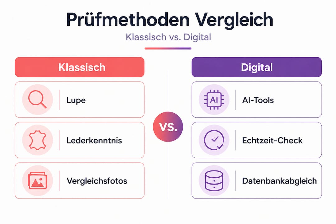 Infografik: Klassische und digitale Verfahren zur Echtheitsprüfung von Designertaschen