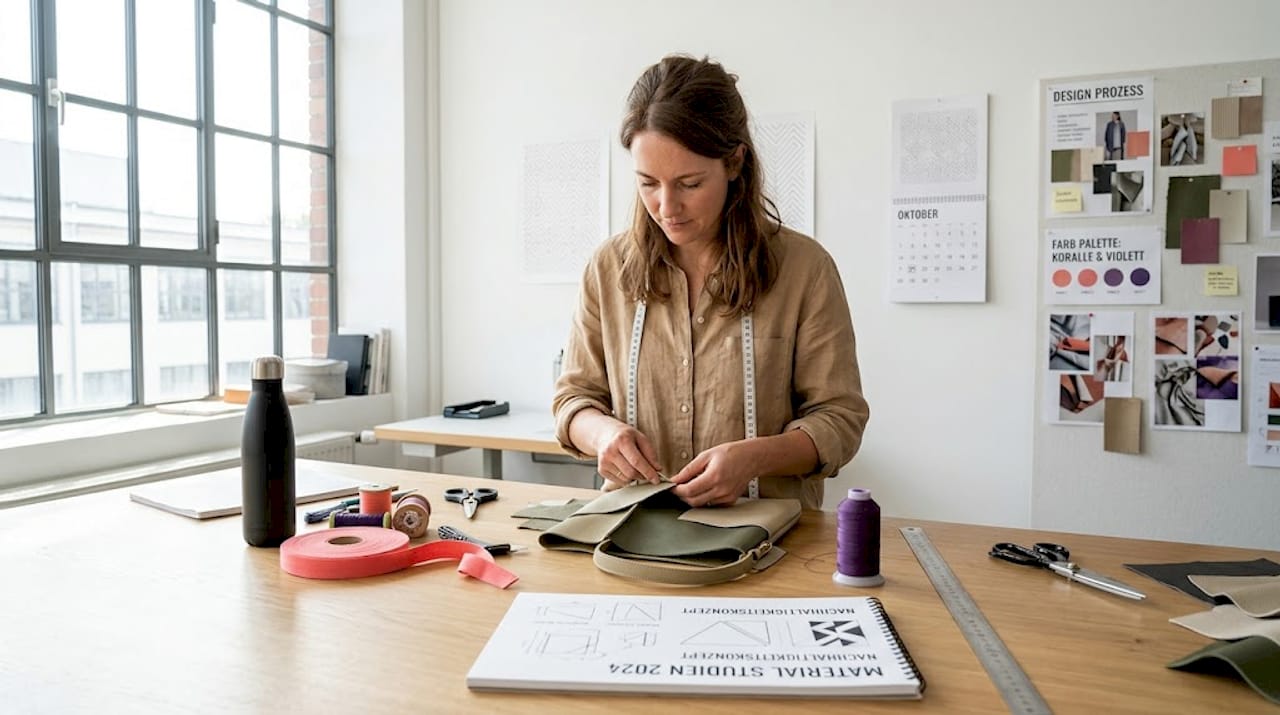Ein Designer setzt auf nachhaltige Materialien und fertigt exklusive Handtaschen, die Luxus und Umweltbewusstsein vereinen.