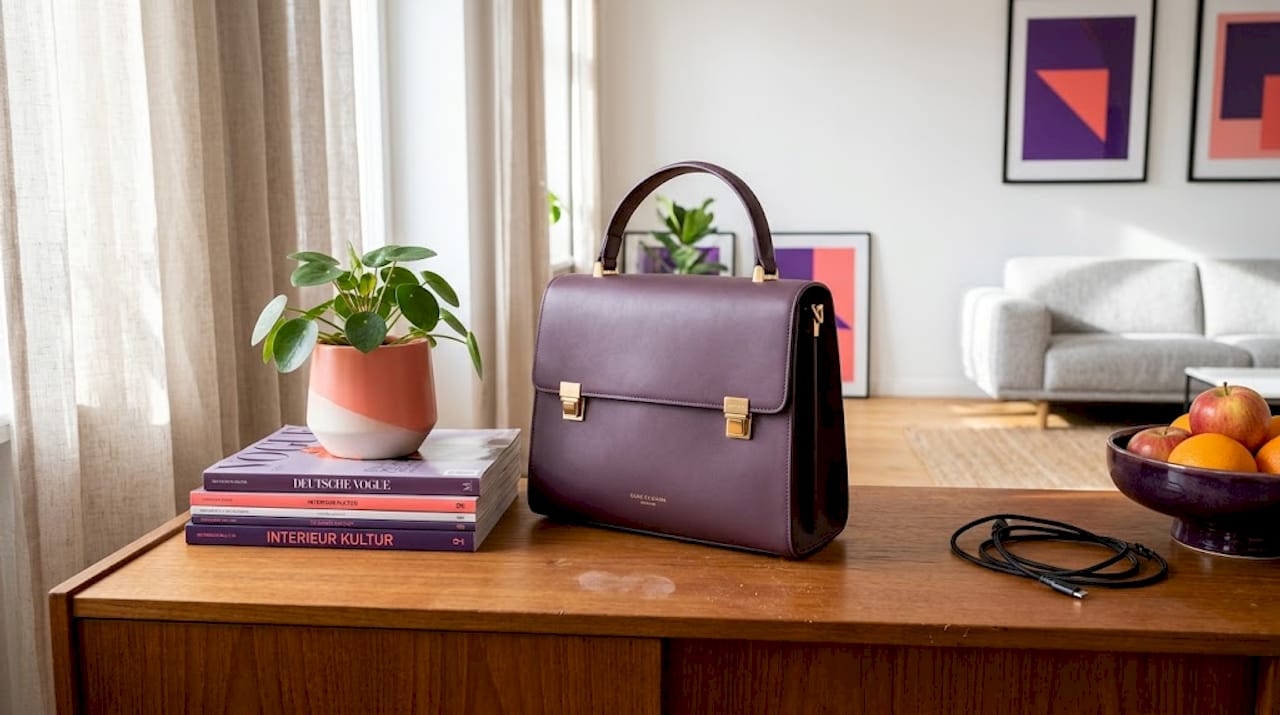 Eine vegane Designertasche, stilvoll ins gemütliche Zuhause integriert.