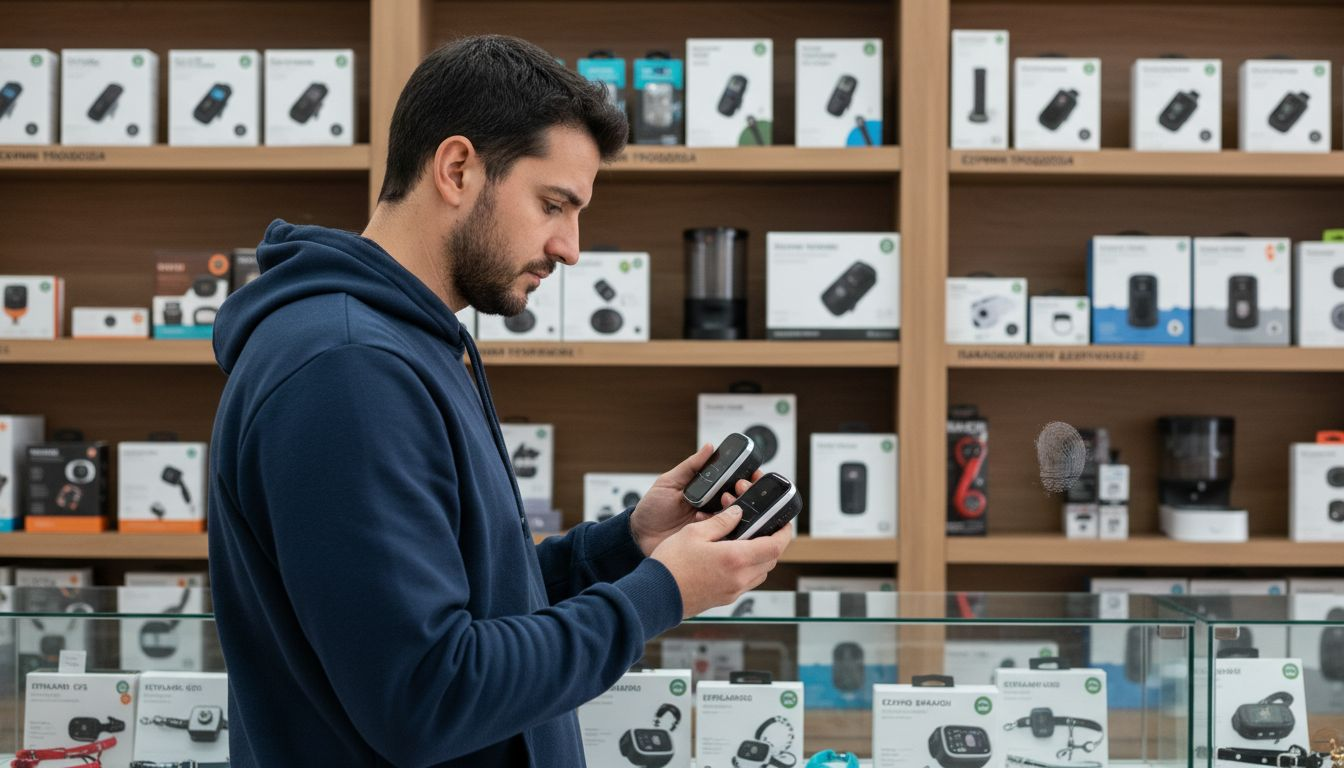 Καταναλωτής που εξετάζει και συγκρίνει διάφορες έξυπνες λύσεις για αξεσουάρ κατοικιδίων