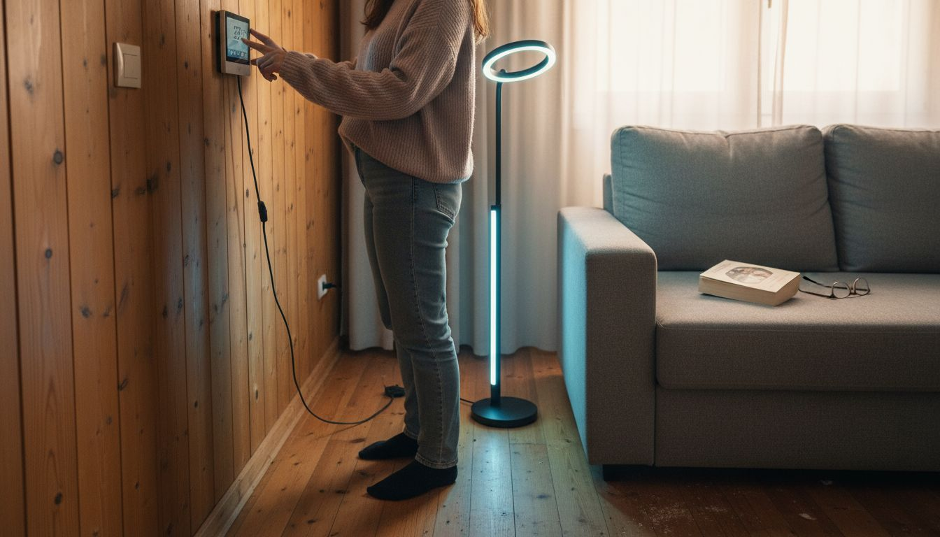 Μια γυναίκα ρυθμίζει τον φωτισμό και τη θερμοκρασία του σπιτιού της με έξυπνες συσκευές.