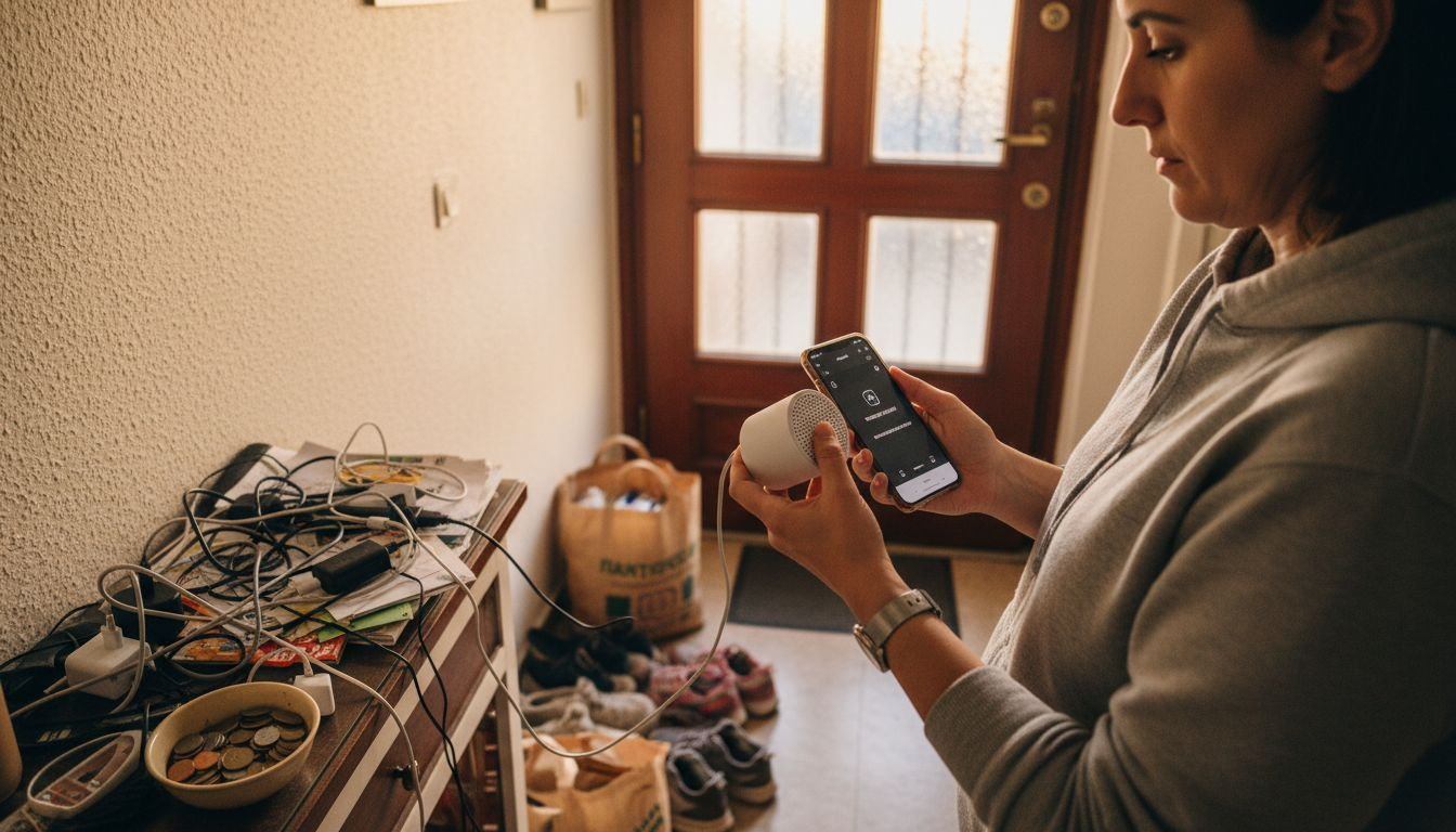 Μια γυναίκα τοποθετεί και ρυθμίζει το έξυπνο ηχείο της στην είσοδο του σπιτιού, φροντίζοντας να λειτουργεί σωστά για να διευκολύνει την καθημερινότητά της.