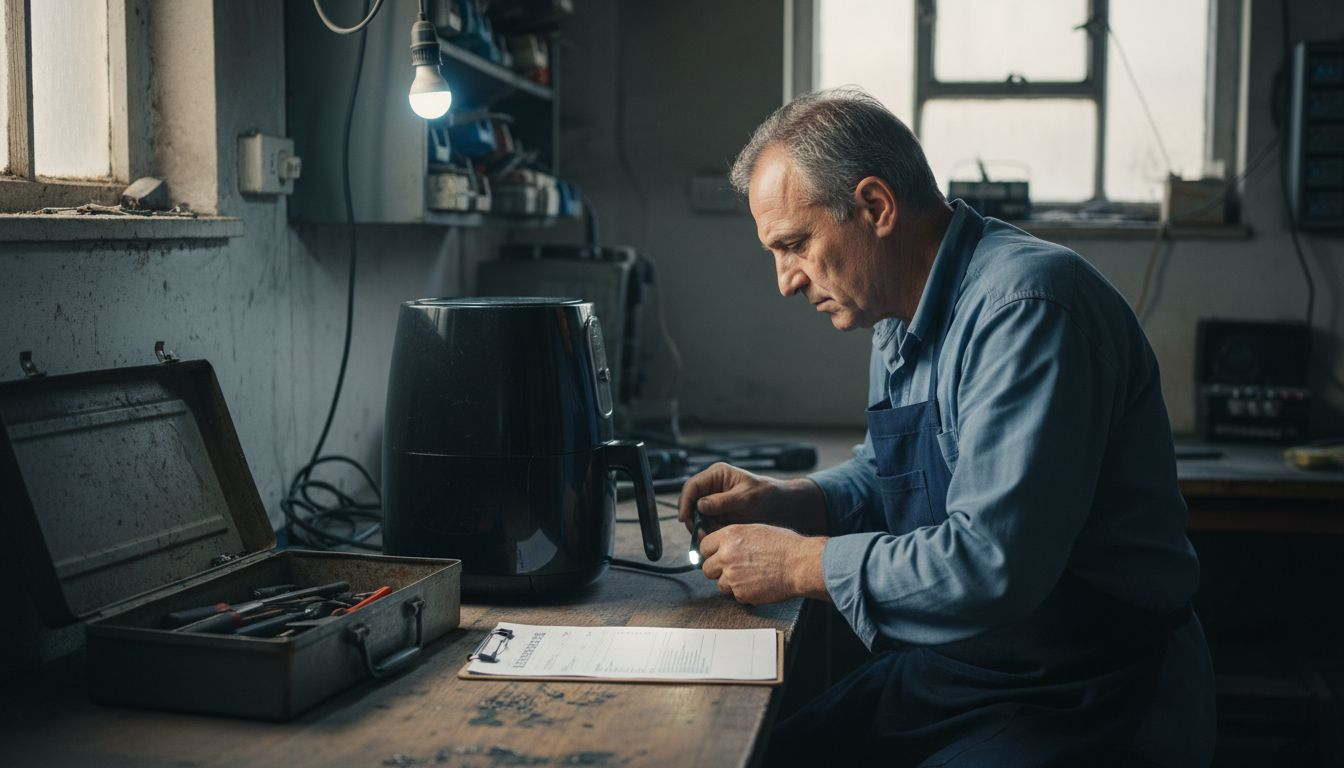 Ένας άνδρας δοκιμάζει και αξιολογεί τη λειτουργία ενός νέου κουζινικού gadget.