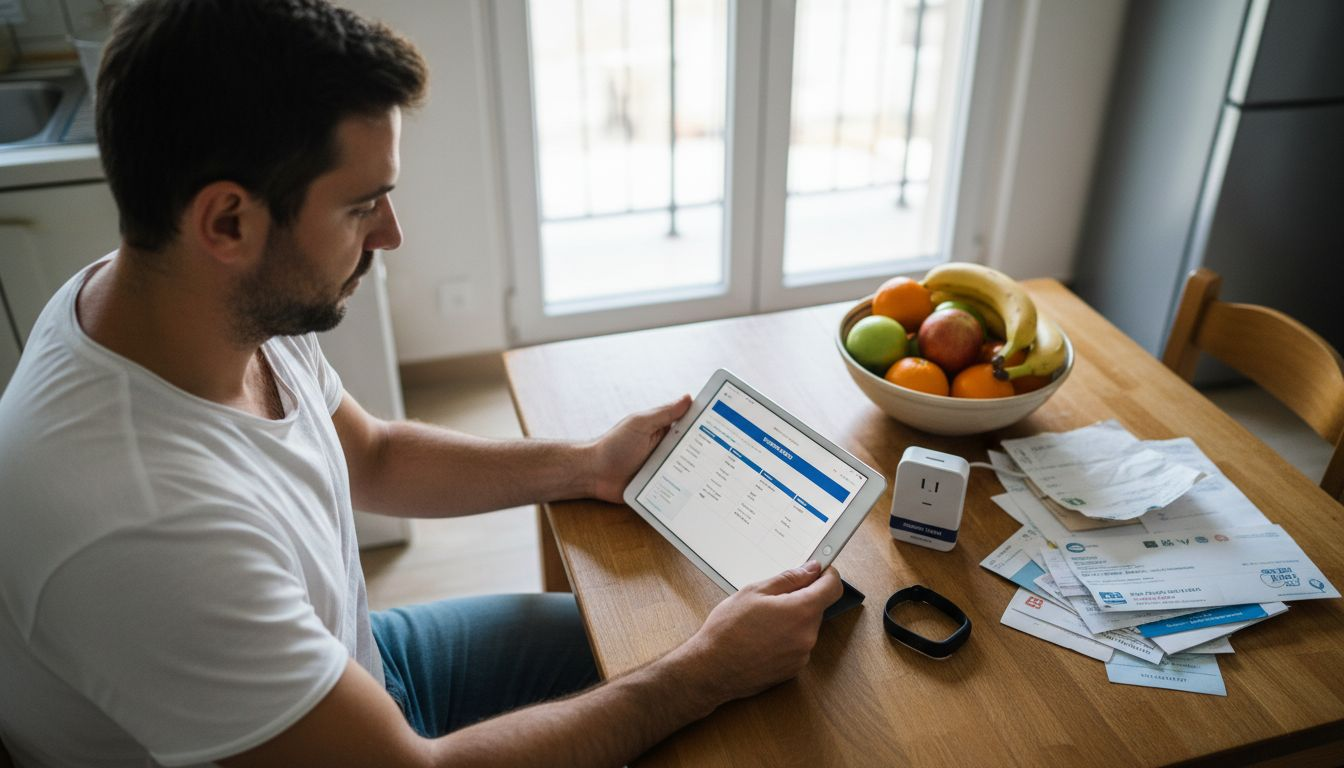 Ένας άνδρας εξετάζει και συγκρίνει διάφορες έξυπνες συσκευές πάνω στο τραπέζι, προσπαθώντας να αποφασίσει ποια του ταιριάζει καλύτερα.