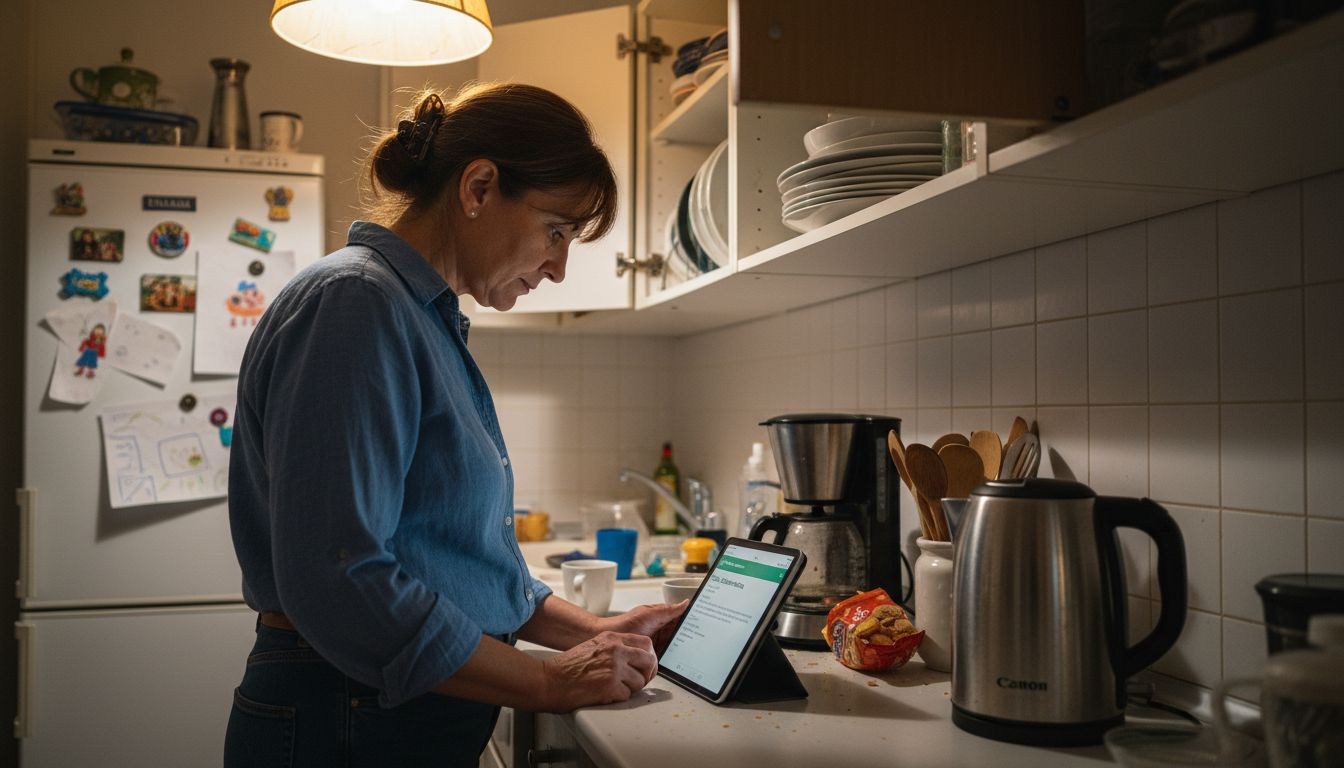 Μια γυναίκα διαχειρίζεται τις έξυπνες συσκευές της κουζίνας της μέσω κινητού.