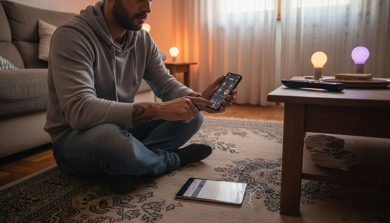 Ένας άνδρας χειρίζεται έξυπνες συσκευές στο σπίτι του, ελέγχοντας φωτισμό, θερμοκρασία και άλλες λειτουργίες με το κινητό ή τη φωνή του.