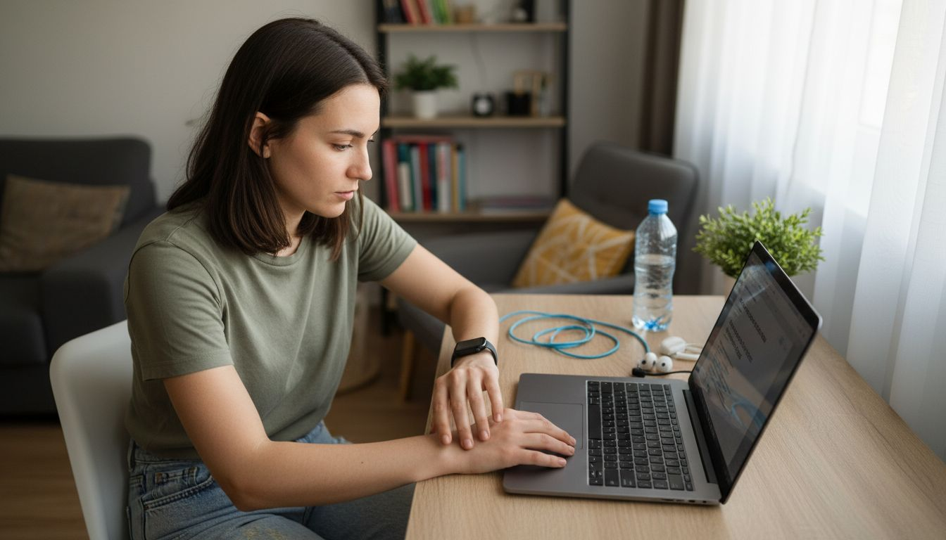 Μια γυναίκα εργάζεται στο σπίτι της, περιστοιχισμένη από σύγχρονες ηλεκτρονικές συσκευές και τεχνολογικά αξεσουάρ.