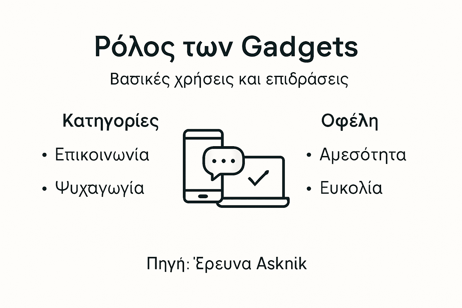 Αναλυτικό infographic που παρουσιάζει τις βασικές κατηγορίες gadgets και τα πλεονεκτήματα που προσφέρουν στην καθημερινότητά μας.