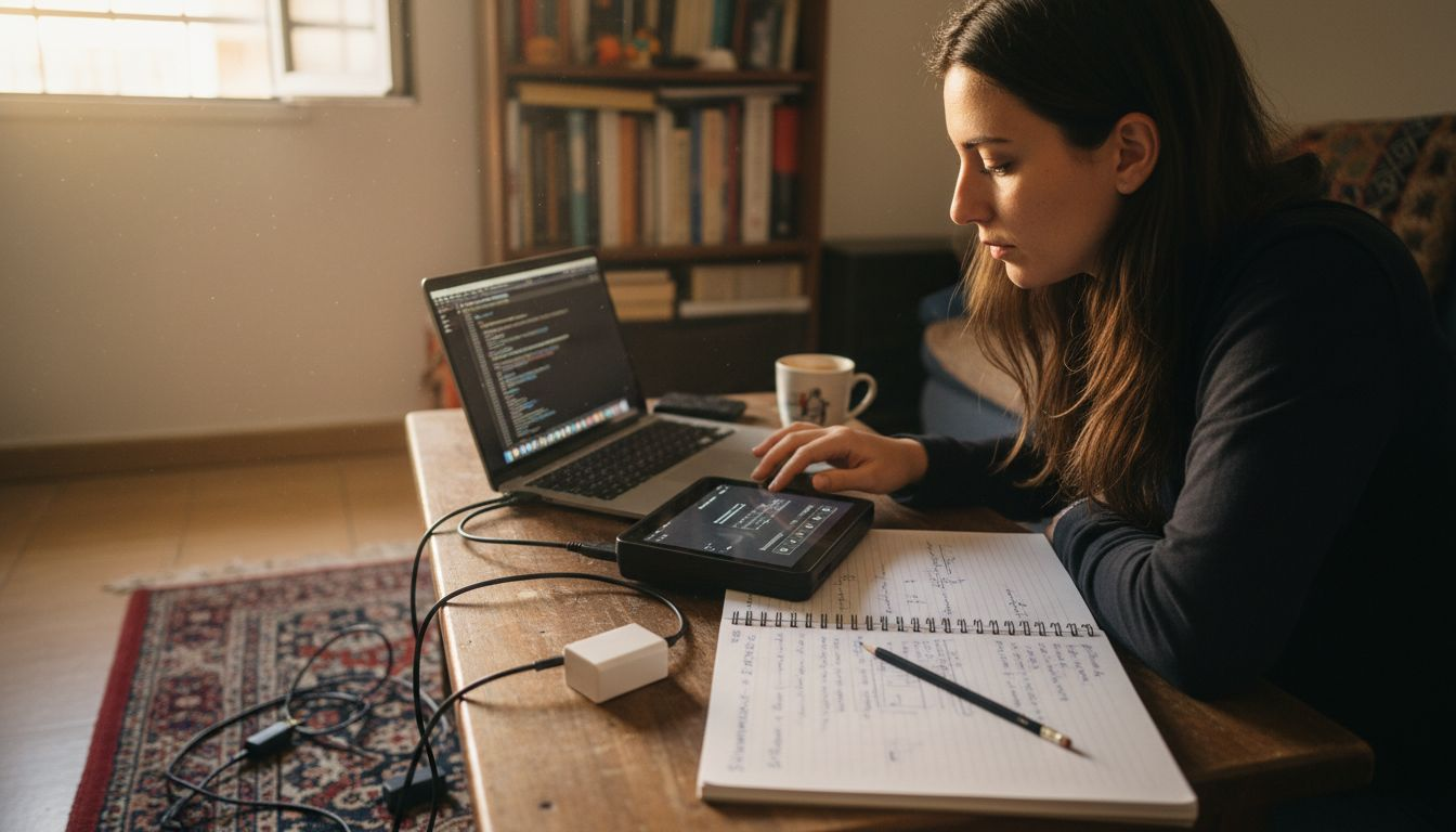 Μια γυναίκα κάθεται στο τραπέζι και ρυθμίζει τις επιλογές στη συσκευή της.