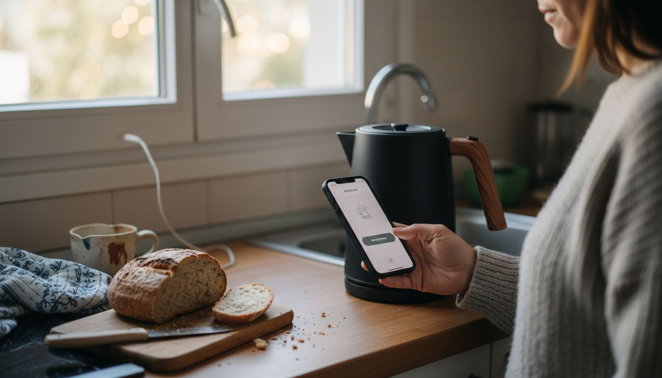 Μια γυναίκα χειρίζεται μια έξυπνη συσκευή κουζίνας, αξιοποιώντας την τεχνολογία για να κάνει το μαγείρεμα πιο εύκολο και αποδοτικό.