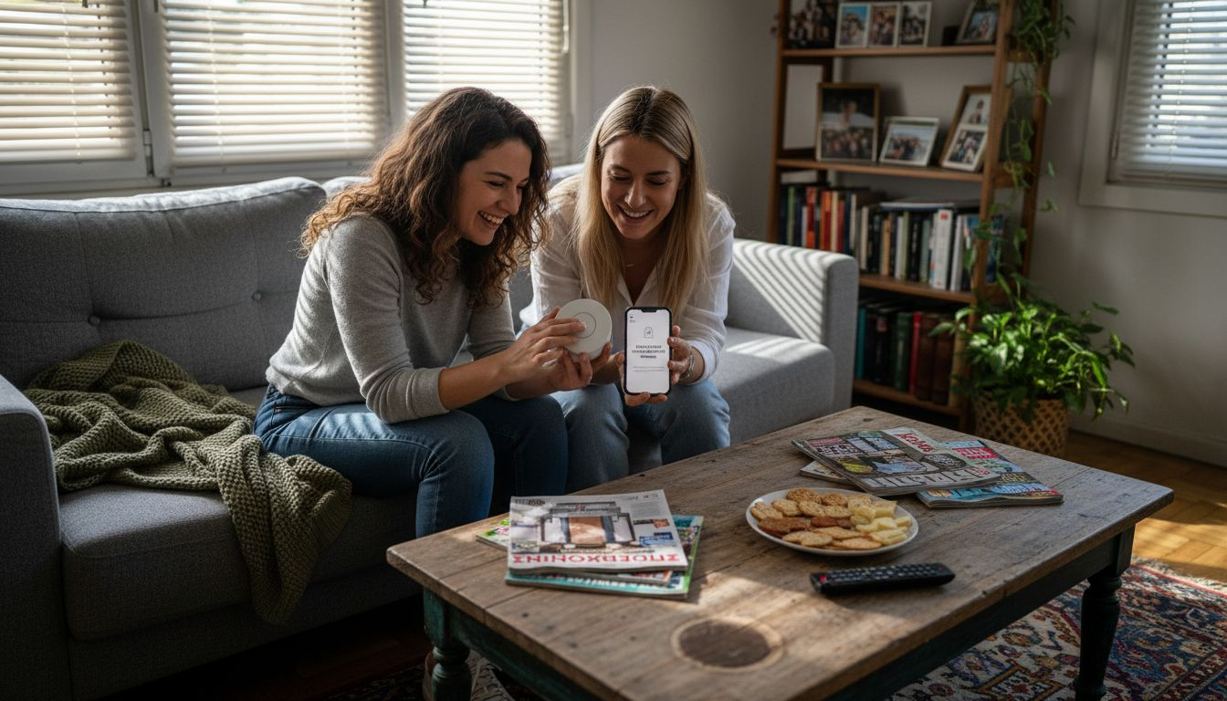 Γυναίκες δοκιμάζουν μια έξυπνη συσκευή σπιτιού στο σαλόνι τους