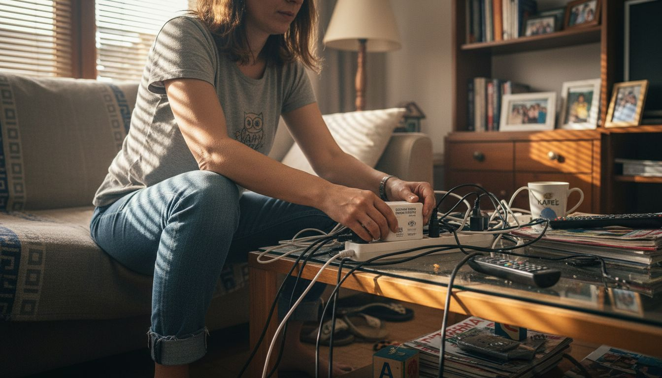 Μια γυναίκα τοποθετεί μια έξυπνη πρίζα πίσω από τον καναπέ.