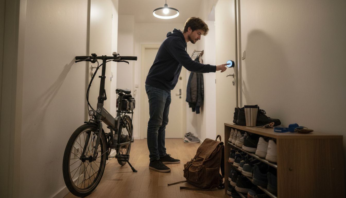 Ένας άνδρας επιστρέφει στο σπίτι του κρατώντας συσκευές νέας τεχνολογίας που σέβονται το περιβάλλον.