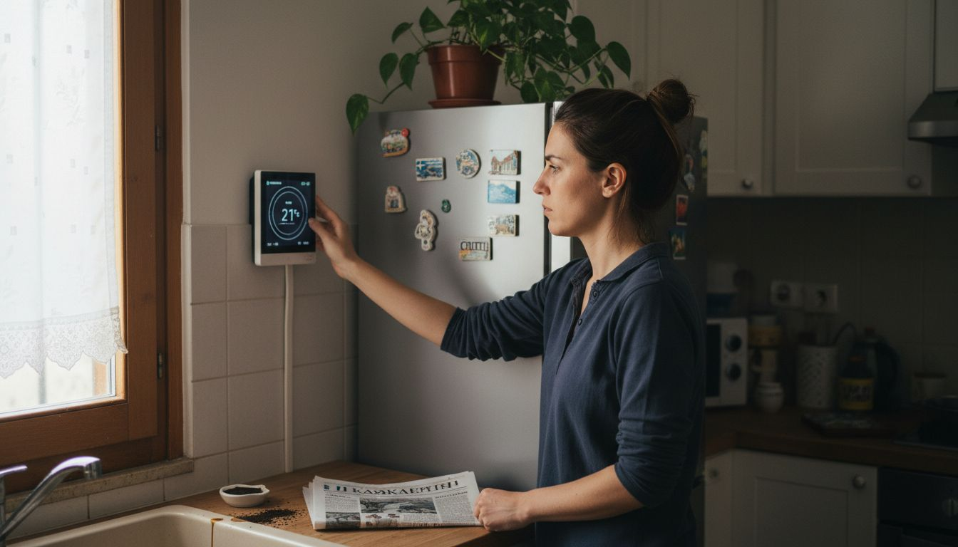 Μια γυναίκα ρυθμίζει το σύστημα έξυπνου σπιτιού μέσω του θερμοστάτη της.