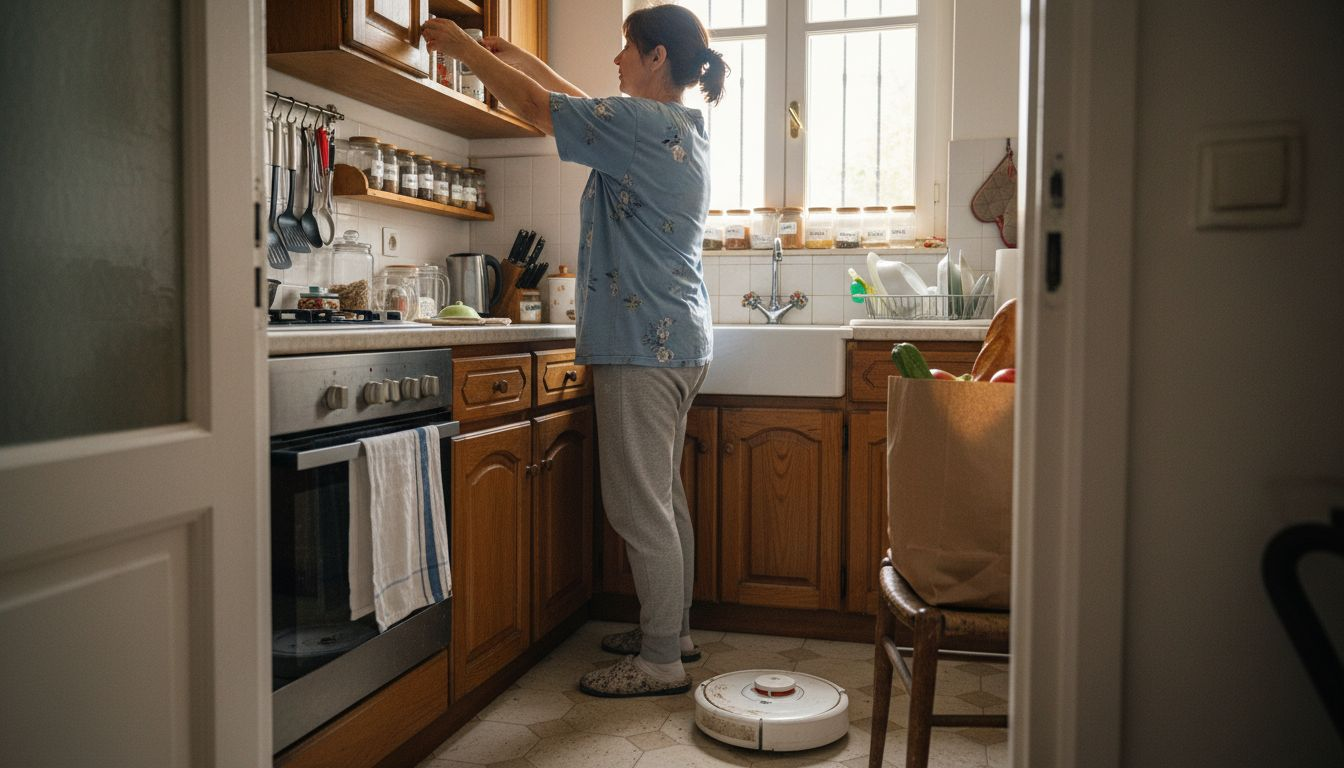 Μια γυναίκα απολαμβάνει τη χαλάρωση στην κουζίνα της, ενώ το ρομποτικό σκουπάκι φροντίζει για την καθαριότητα του χώρου.