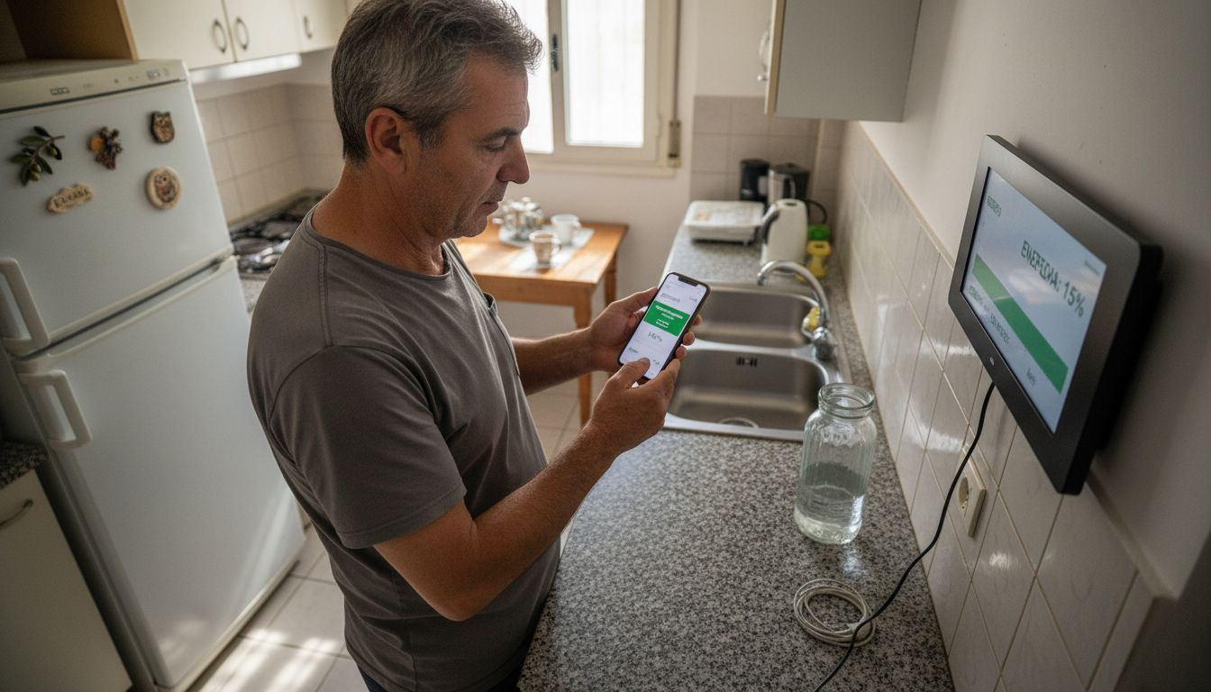Ένας χρήστης διαχειρίζεται το έξυπνο σύστημα ενέργειας στην κουζίνα του, έχοντας τον πλήρη έλεγχο των συσκευών και της κατανάλωσης ρεύματος μέσα από το κινητό ή το tablet του.