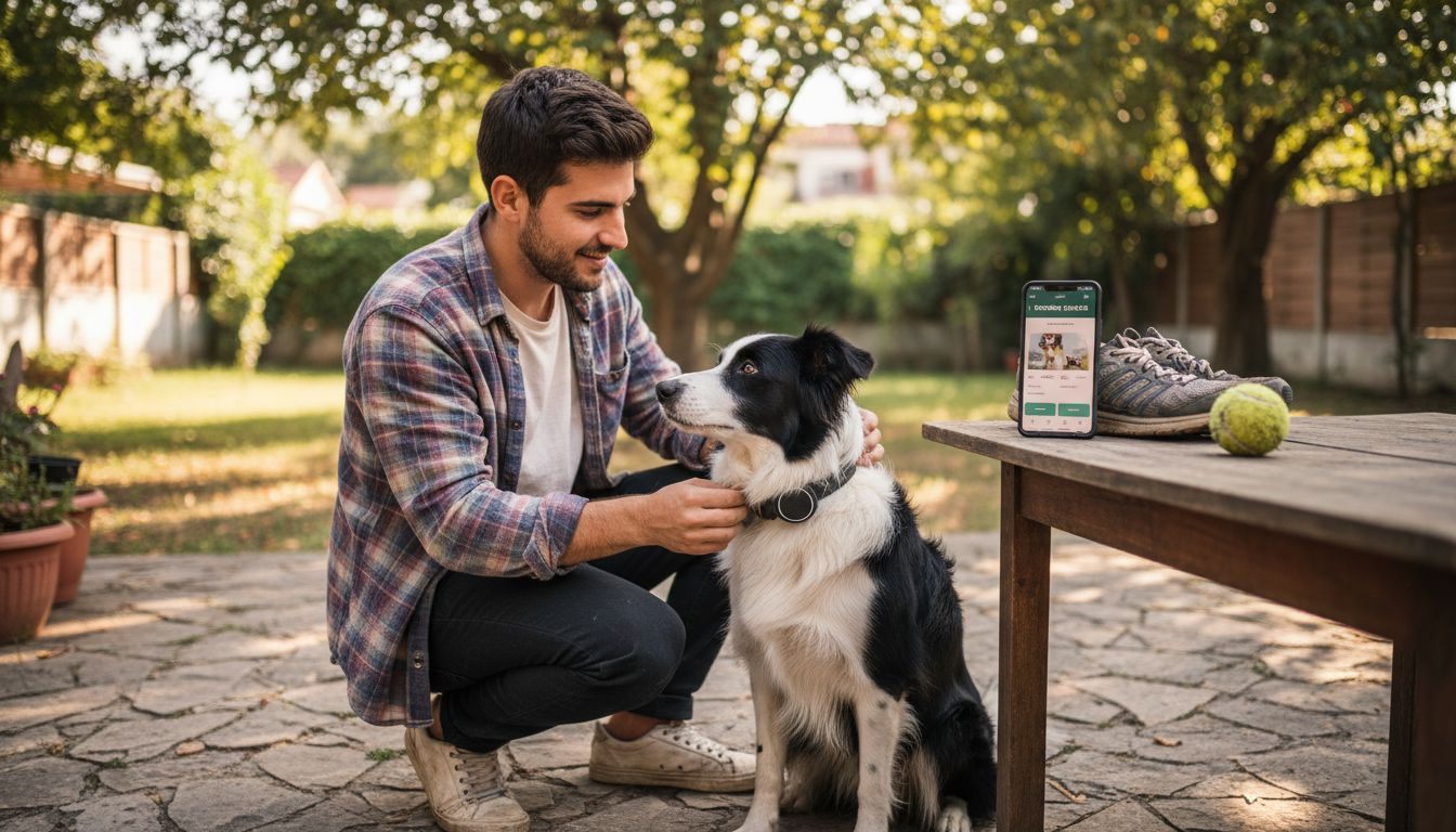 Ένας άνδρας τοποθετεί ένα έξυπνο κολάρο στον σκύλο του, ο οποίος δείχνει χαρούμενος και ανυπόμονος.