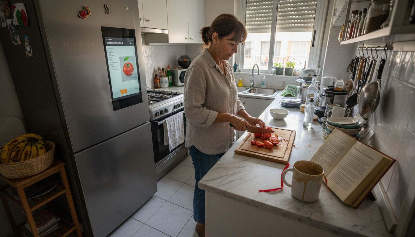 Γυναίκα αξιοποιεί το έξυπνο ψυγείο της για να βρει ιδέες για συνταγές