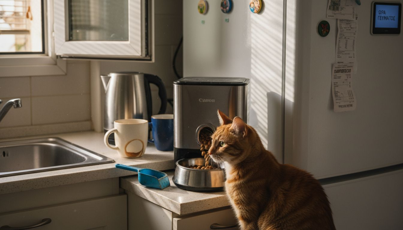 Αυτόματη ταΐστρα που γεμίζει το μπολ της γάτας με φαγητό