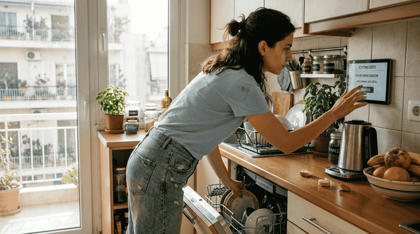 Μια γυναίκα μαγειρεύει στην κουζίνα της, αξιοποιώντας τις έξυπνες συσκευές για να κάνει quite την καθημερινότητά της πιο εύκολη και αποδοτική.