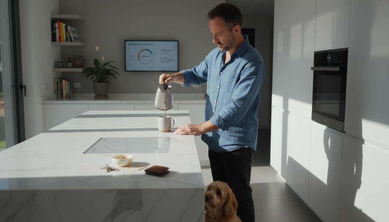 Ένας άνδρας ετοιμάζει τον καφέ του σε μια σύγχρονη, έξυπνη κουζίνα.