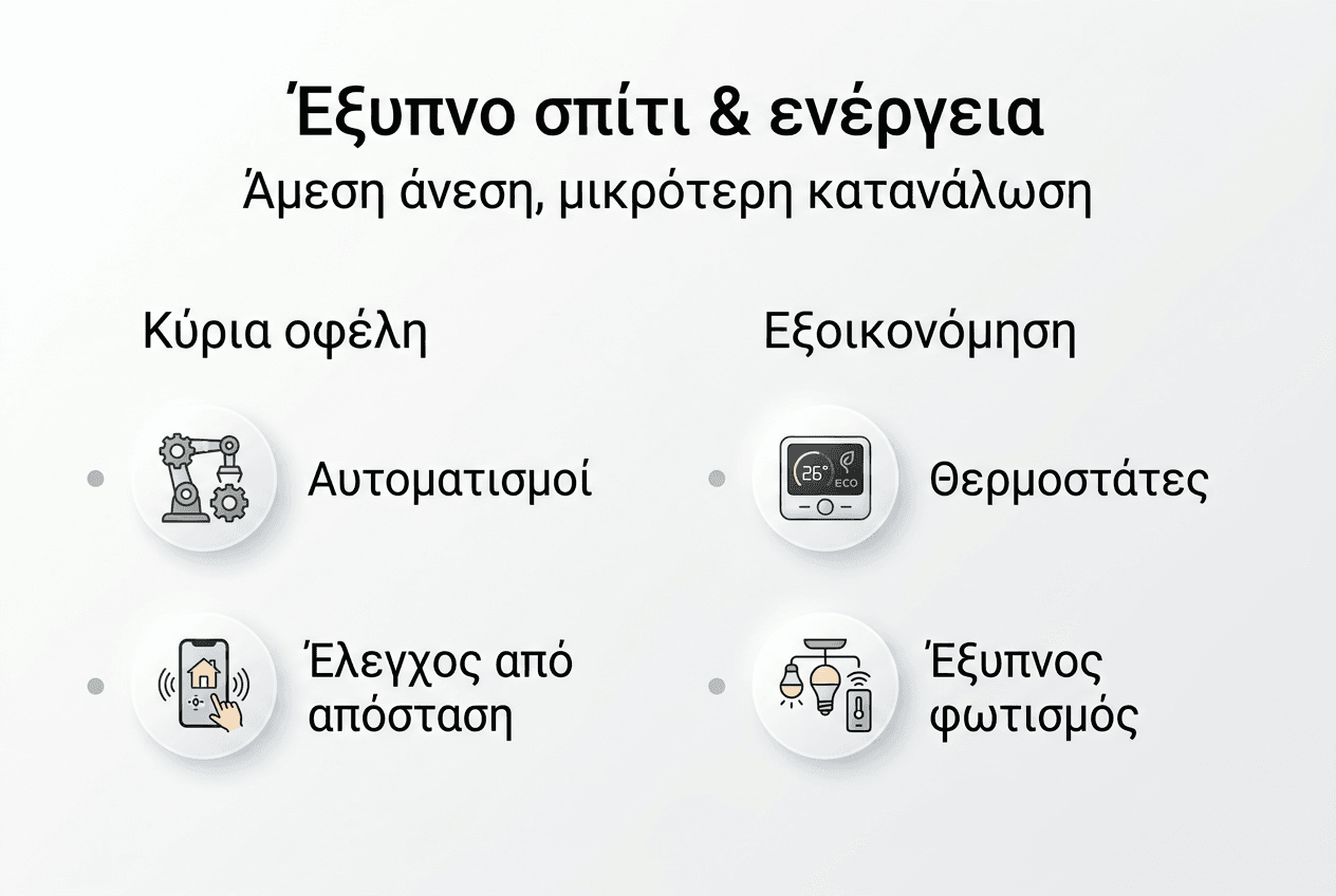 Στα έξυπνα σπίτια, η εξοικονόμηση ενέργειας γίνεται πιο εύκολη από ποτέ. Μέσα από αυτοματισμούς και σύγχρονες τεχνολογίες, οι καθημερινές μας συνήθειες προσαρμόζονται ώστε να μειώνουμε τα έξοδα και να προστατεύουμε το περιβάλλον, χωρίς να στερούμαστε άνεση. Πρόκειται για μια νέα εποχή στη διαχείριση του σπιτιού, όπου κάθε συσκευή λειτουργεί μόνο όταν χρειάζεται και η σπατάλη μειώνεται αισθητά.