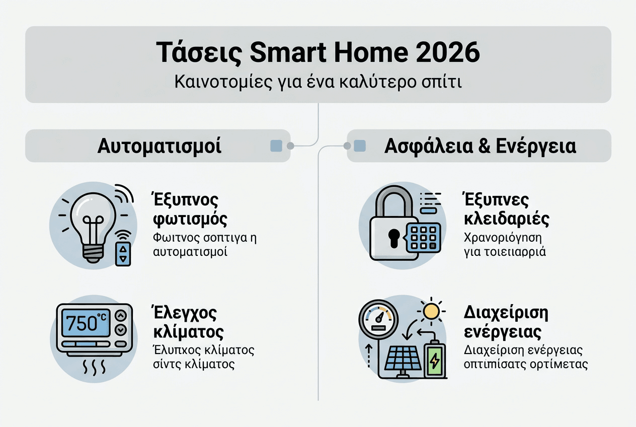 Εικονογραφημένη παρουσίαση με τις βασικές τάσεις της έξυπνης οικίας, ταξινομημένες ανά κατηγορία.