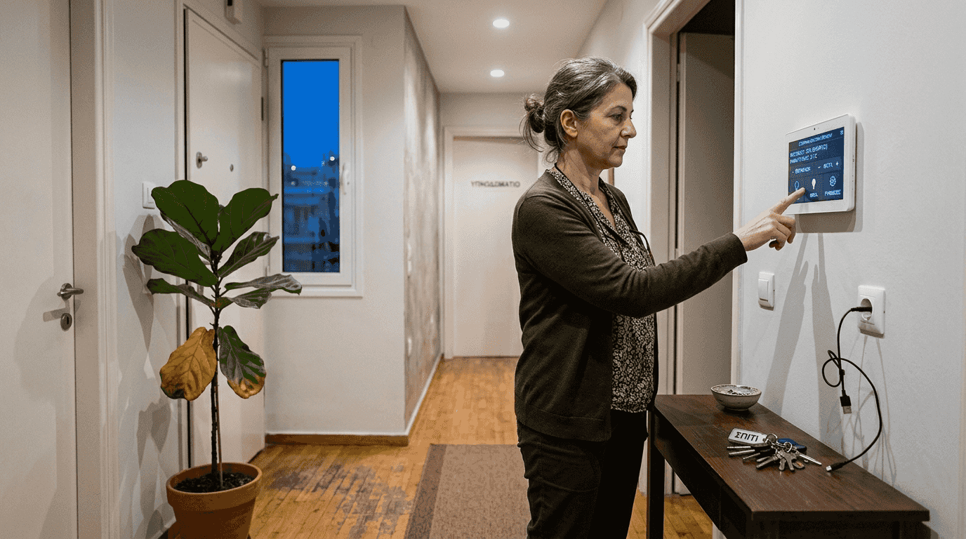 Μια γυναίκα ρυθμίζει τον φωτισμό του σπιτιού της μέσω ενός έξυπνου πίνακα ελέγχου.