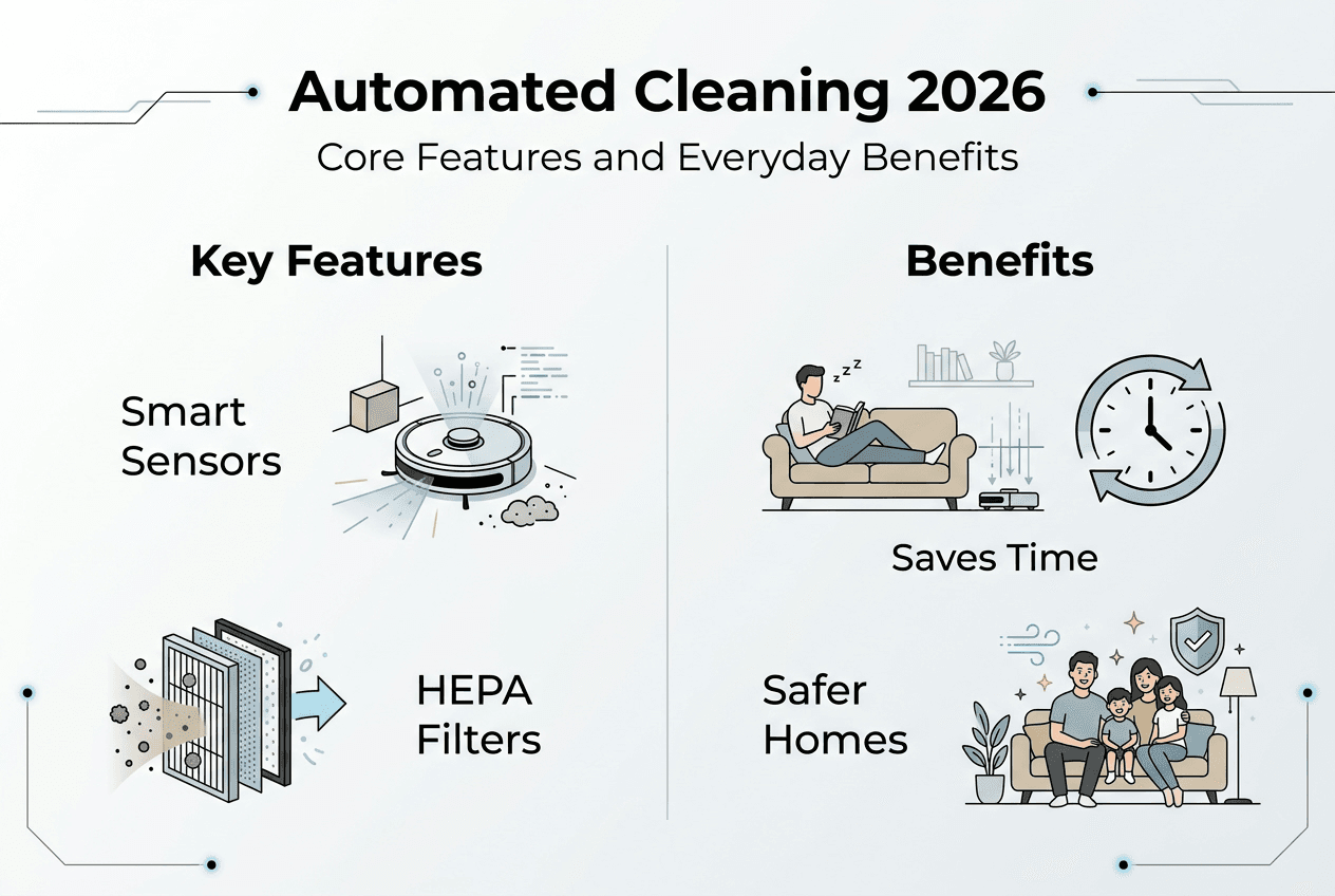 Infographic showing automated cleaning features and benefits