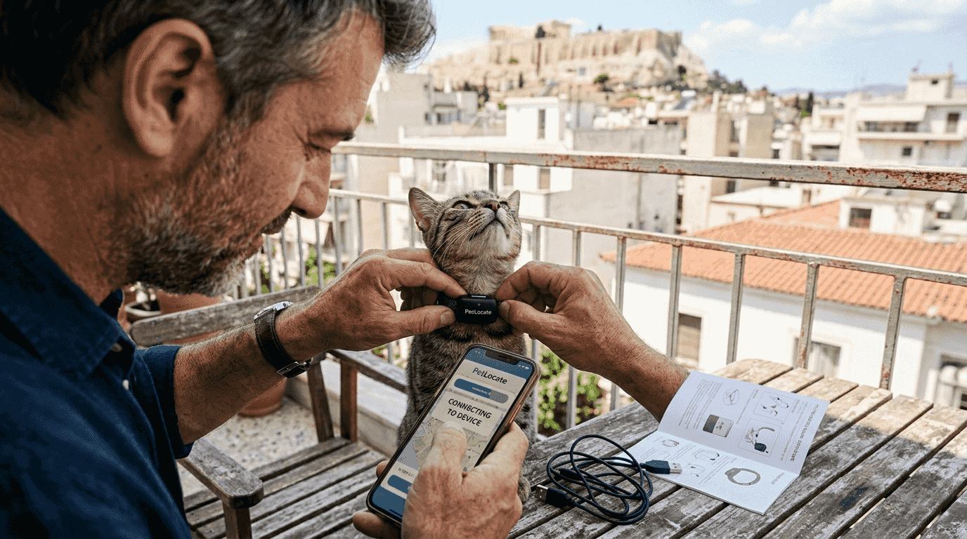 Man setting up GPS cat tracker outdoors