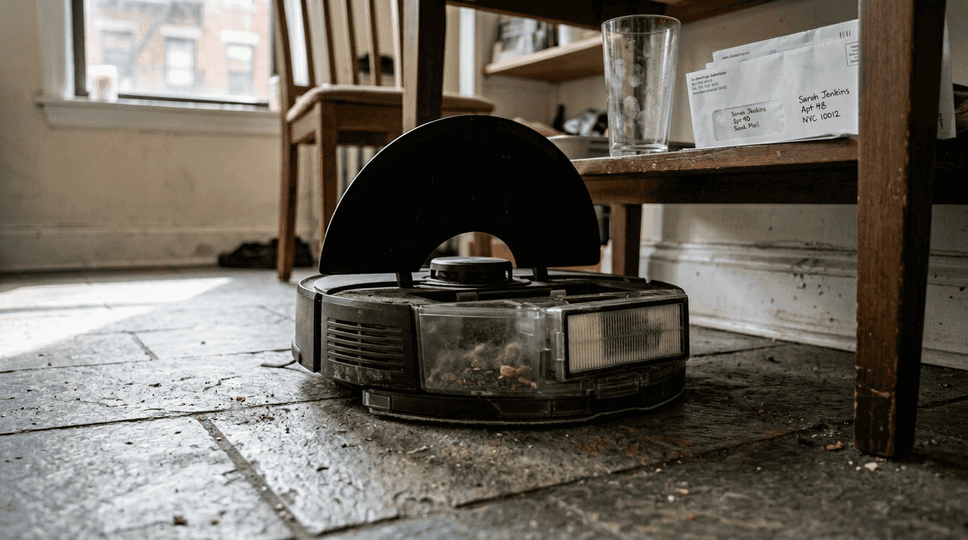 Automated vacuum close up with dust bin open