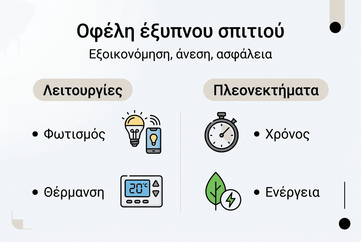 Γραφικό με τα βασικά πλεονεκτήματα και τις δυνατότητες του έξυπνου σπιτιού