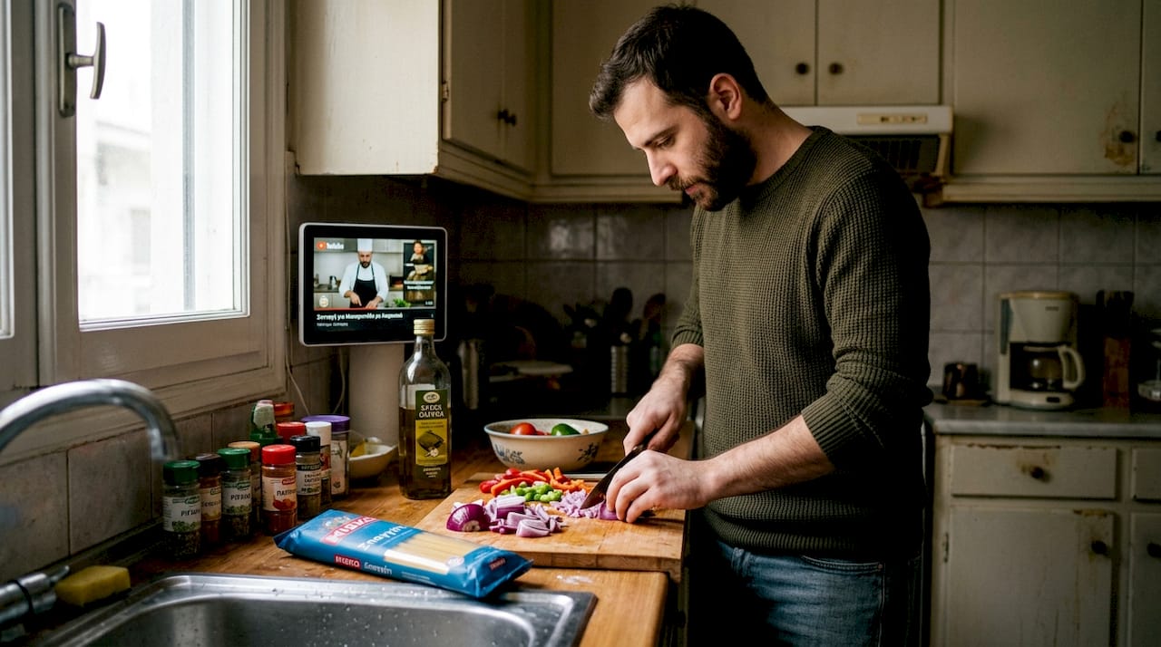 Ένας άνθρωπος μαγειρεύει στην κουζίνα του χρησιμοποιώντας μια έξυπνη συσκευή.