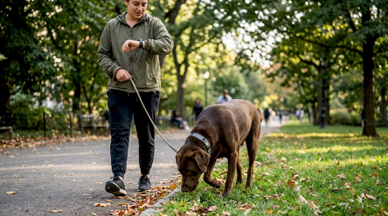 Dog with Fi collar and owner in city park
