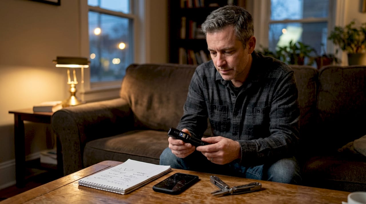 Man testing multifunctional flashlight at home