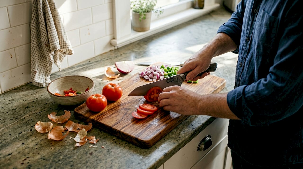 Ultrasonic knife slicing tomatoes in kitchen