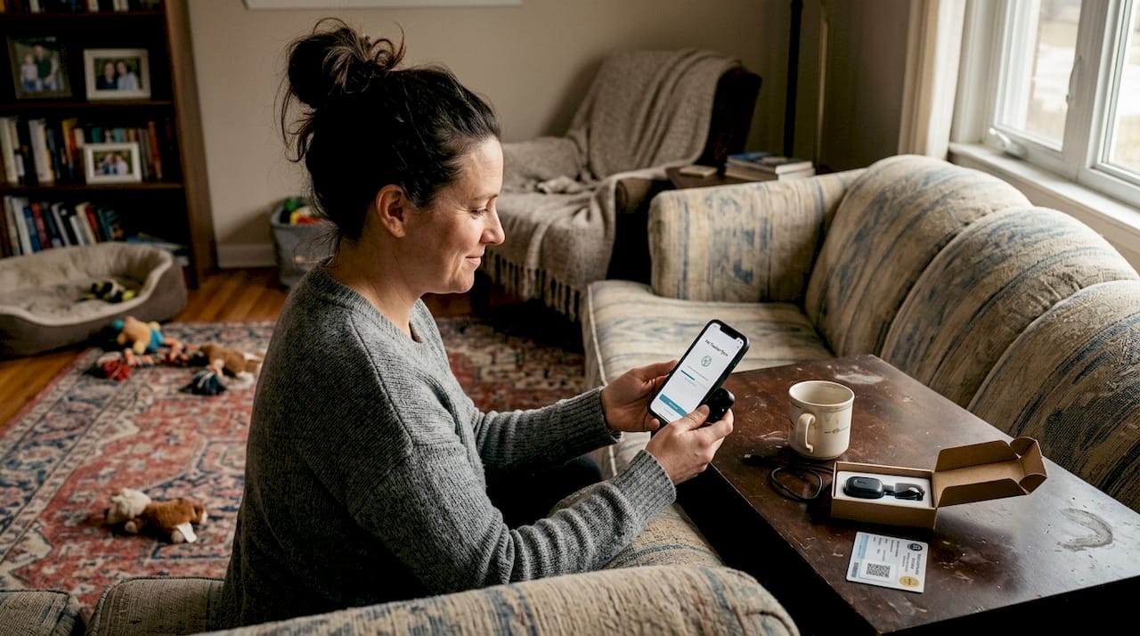 Woman syncing pet GPS tracker at home
