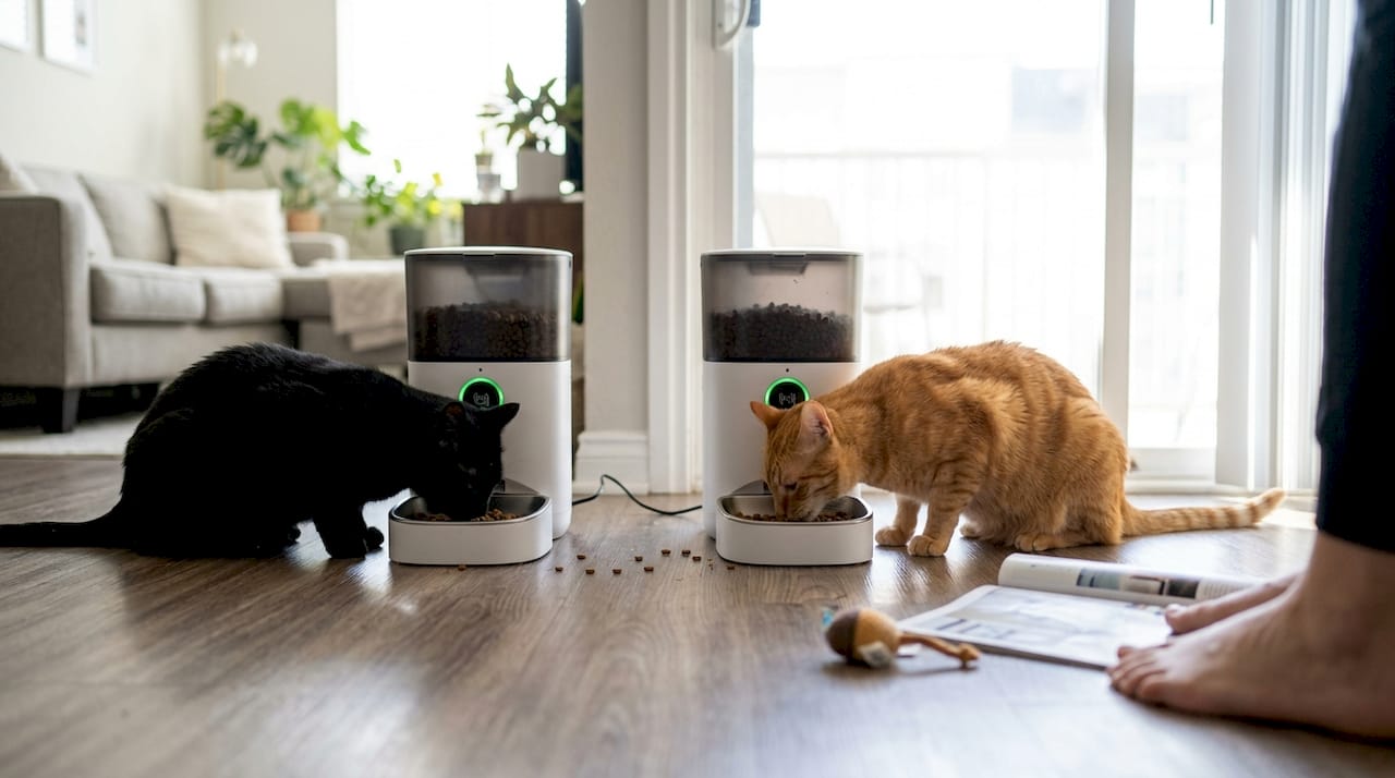 Two cats using RFID smart feeders separately
