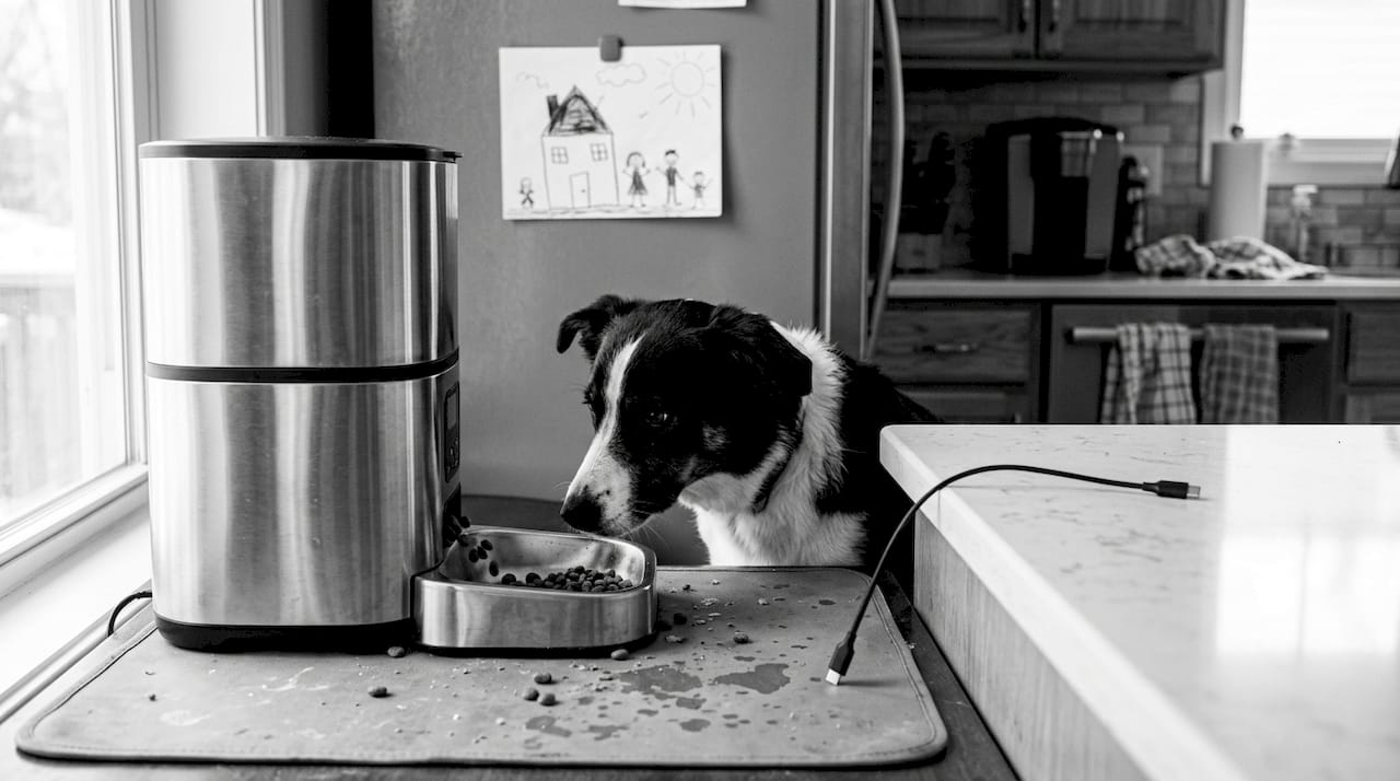 Dog waits for food at pet feeder in kitchen