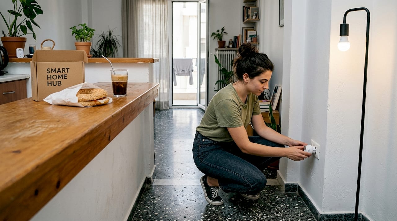 Woman installing smart plug in Greek apartment