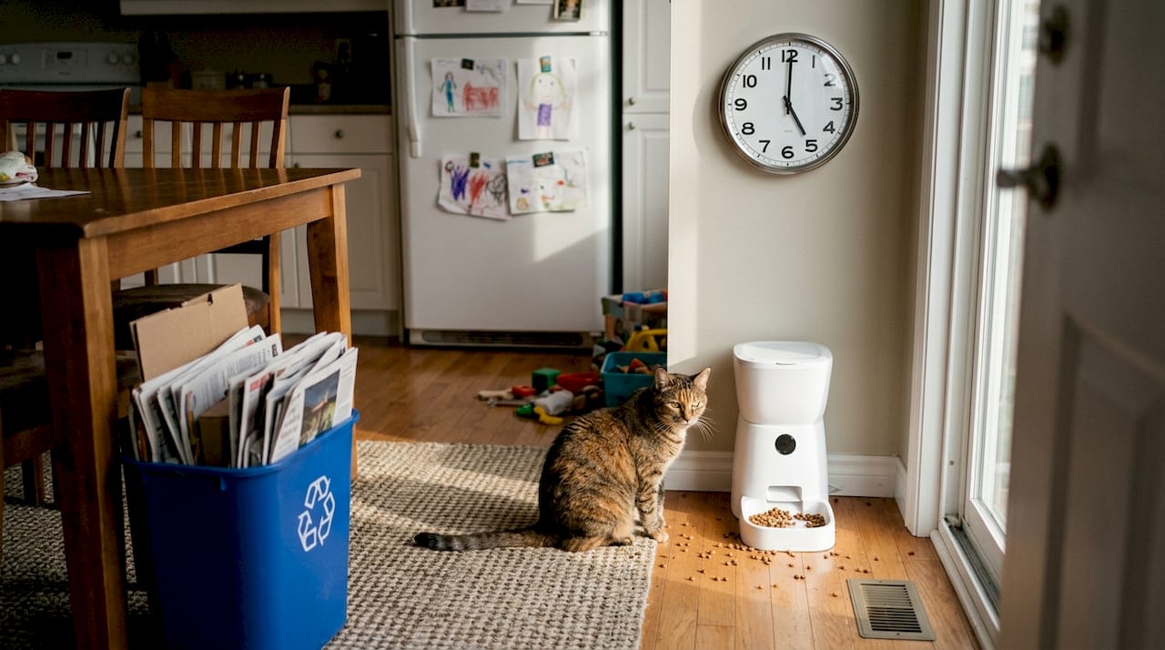 Cat waiting for scheduled meal by feeder and clock