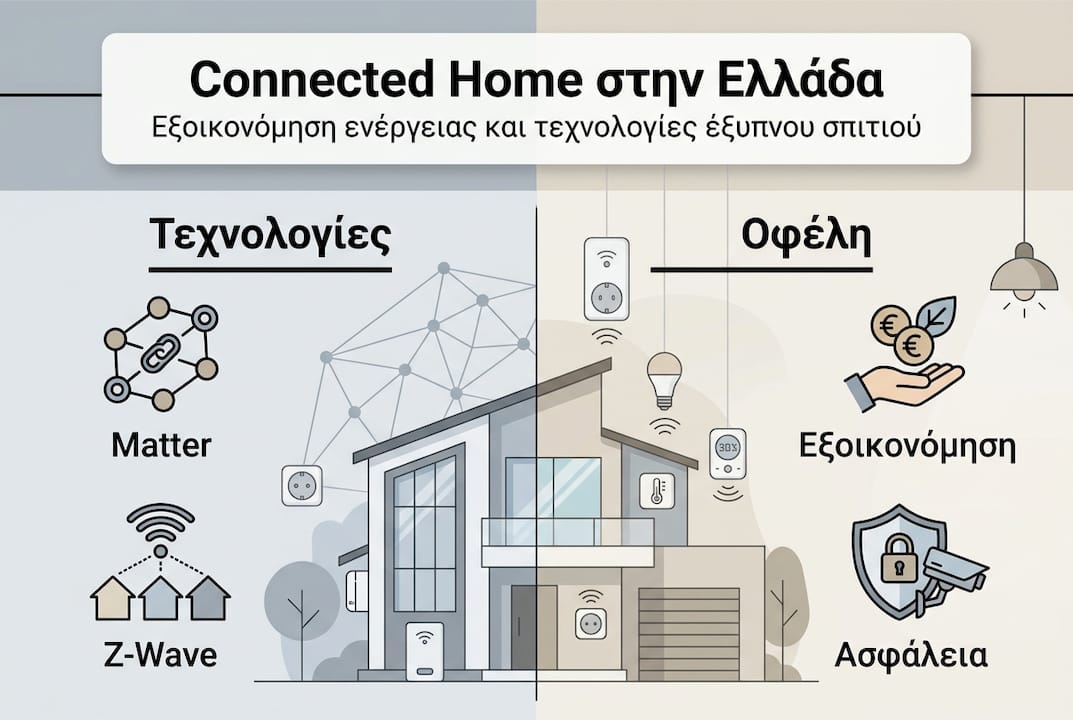 Γραφιστική απεικόνιση για το πώς η έξυπνη τεχνολογία στο σπίτι μπορεί να σας βοηθήσει να εξοικονομήσετε χρήματα και ενέργεια
