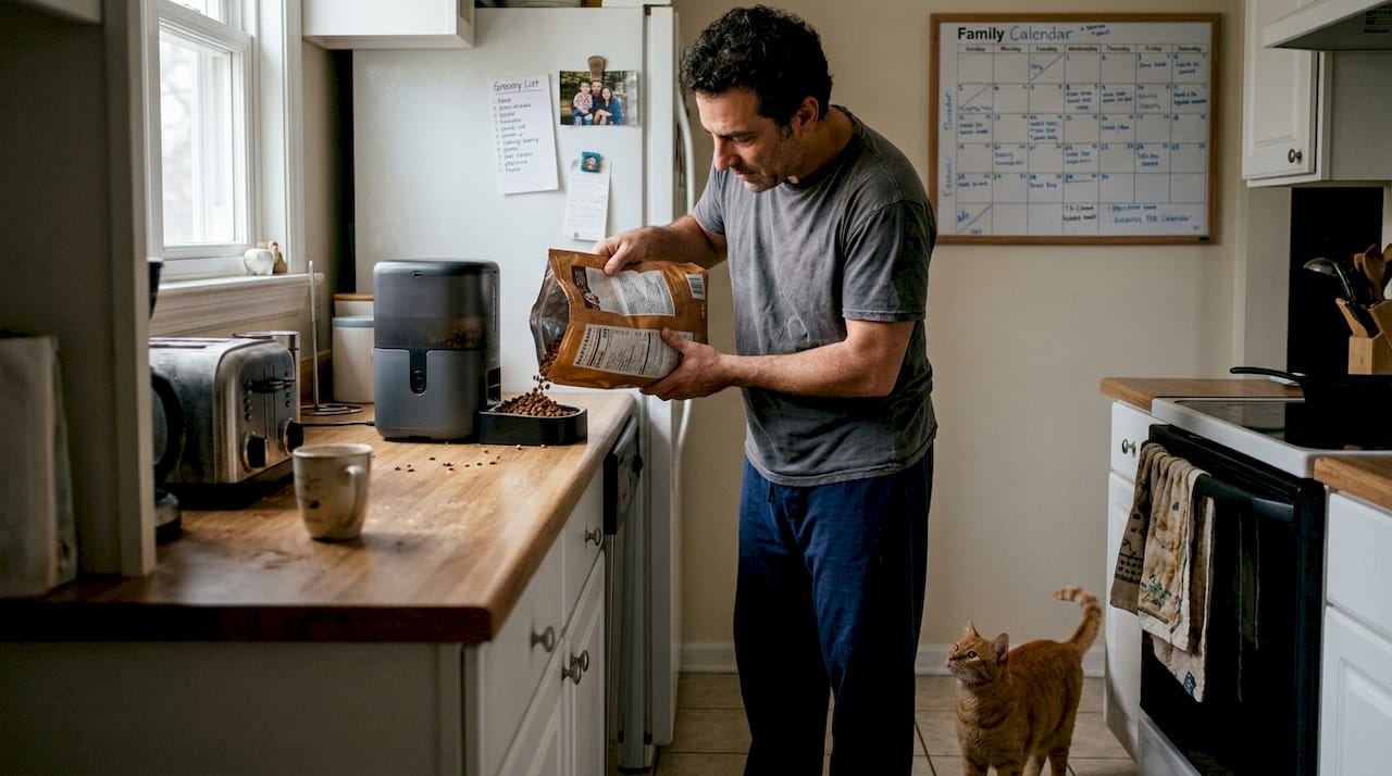 Greek man filling smart pet feeder in kitchen