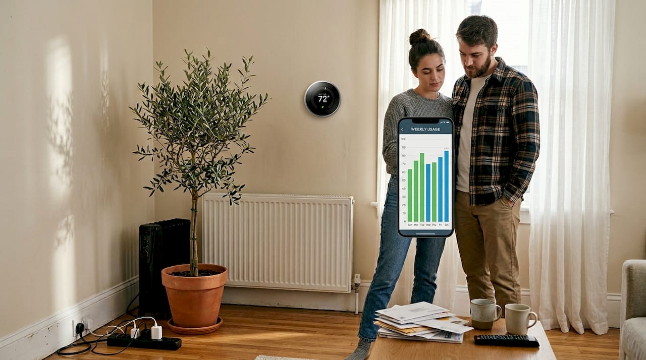 Couple checking energy reports on smart thermostat
