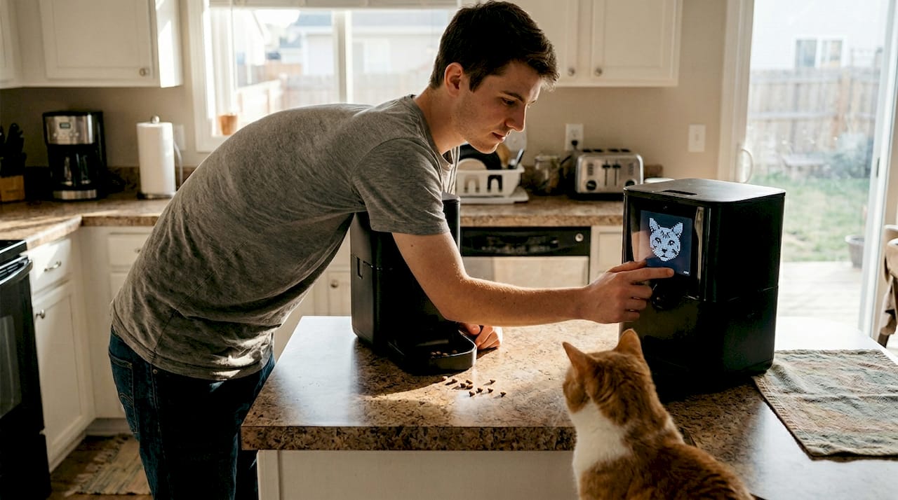 Facial recognition pet feeder in kitchen use