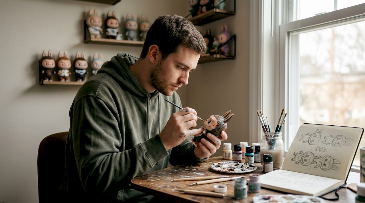 Man customizing Labubu doll at desk