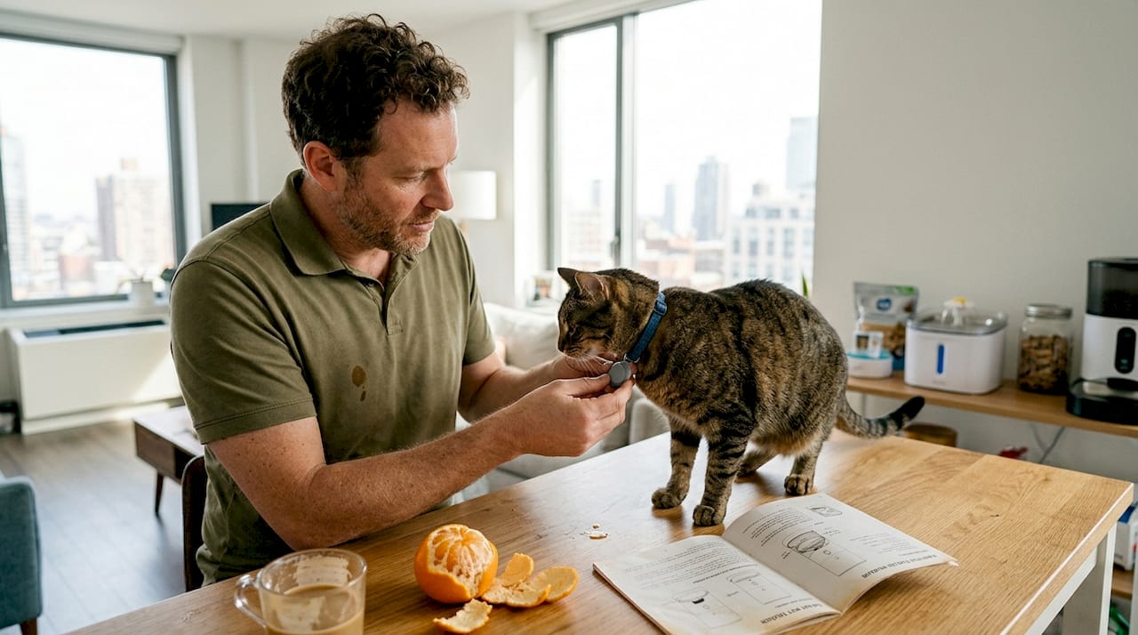 Man attaches RFID tag to cat collar