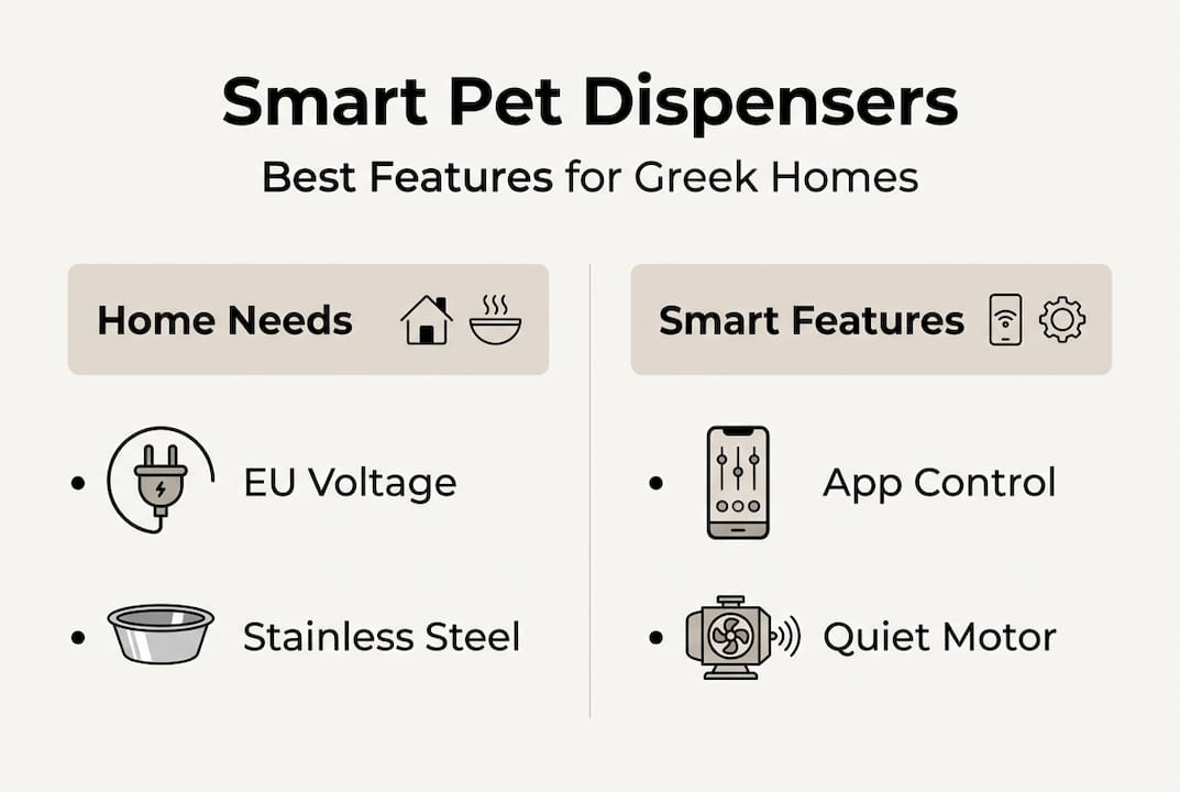 Infographic of pet dispenser features for Greek homes