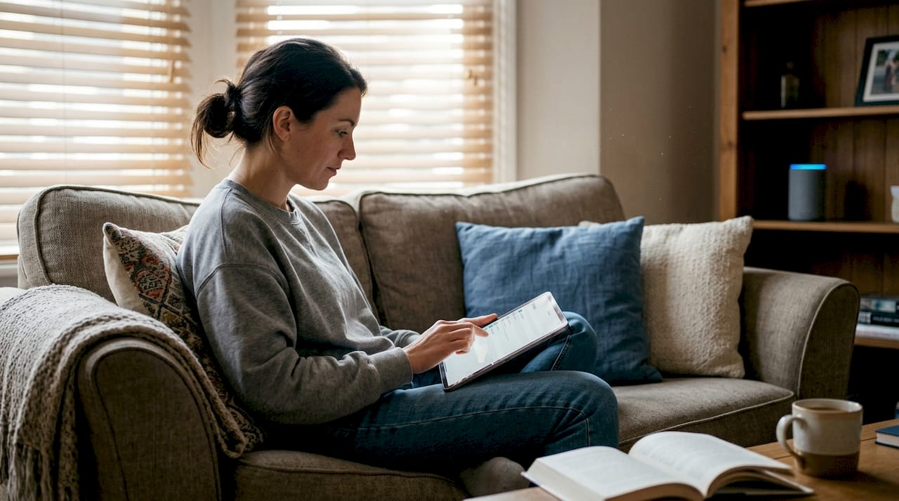 Woman configures smart security on tablet