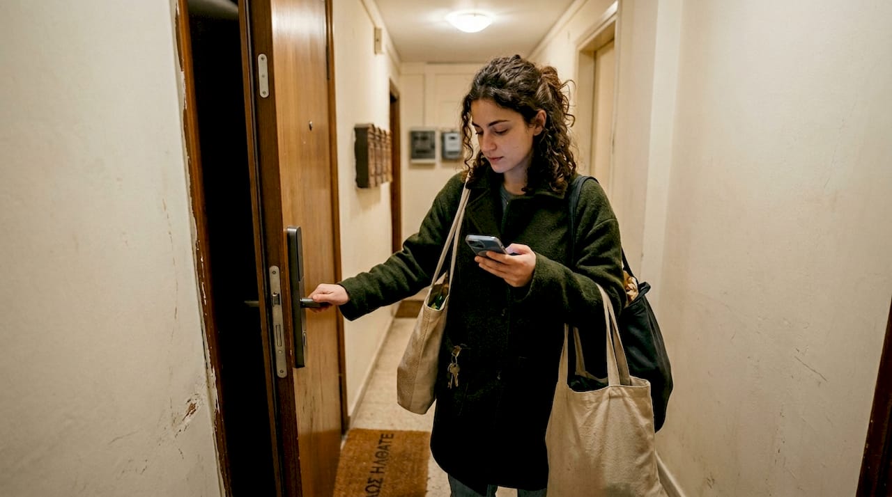 Μια γυναίκα ανοίγει την πόρτα του σπιτιού της χρησιμοποιώντας το έξυπνο σύστημα κλειδώματος.